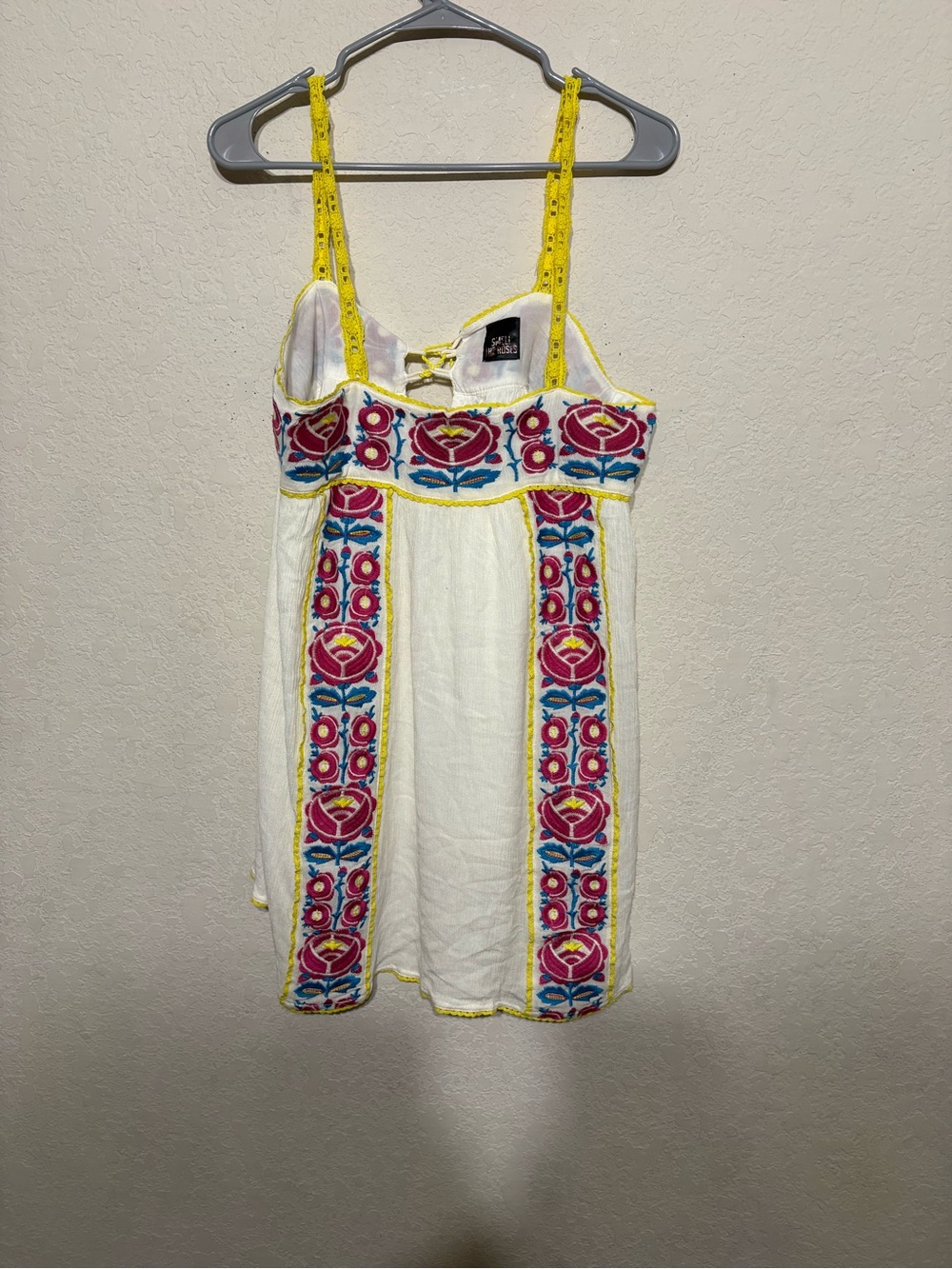 Smell the Roses White Dress with Yellow Trim & Pink Floral Embroidery